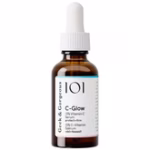 I Love Having Gorgeous & Glowing-Looking Skin | Geek & Gorgeous 101 C-Glow 15% Vitamin C Serum A short cylindrical brown glass bottle full of some clear liquid with a bright white rubber pipette lid and a bright white label that has Geek & Gorgeous 101 C-Glow 15% Vitamin C Serum written in bold black writing on it, on a white background.
