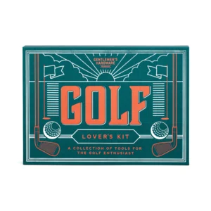 A large rectangular bright teal green cardboard box that has Gentlemen’s Hardware Golf Lovers Kit written in bright orange writing and some pictures of some large illustrated golf clubs and some bright white golf balls on it, on a teal green background.