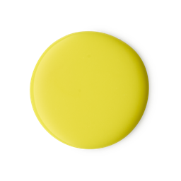 A medium circular swatch of some thick, glossy bright yellow shower gel, on a white background.
