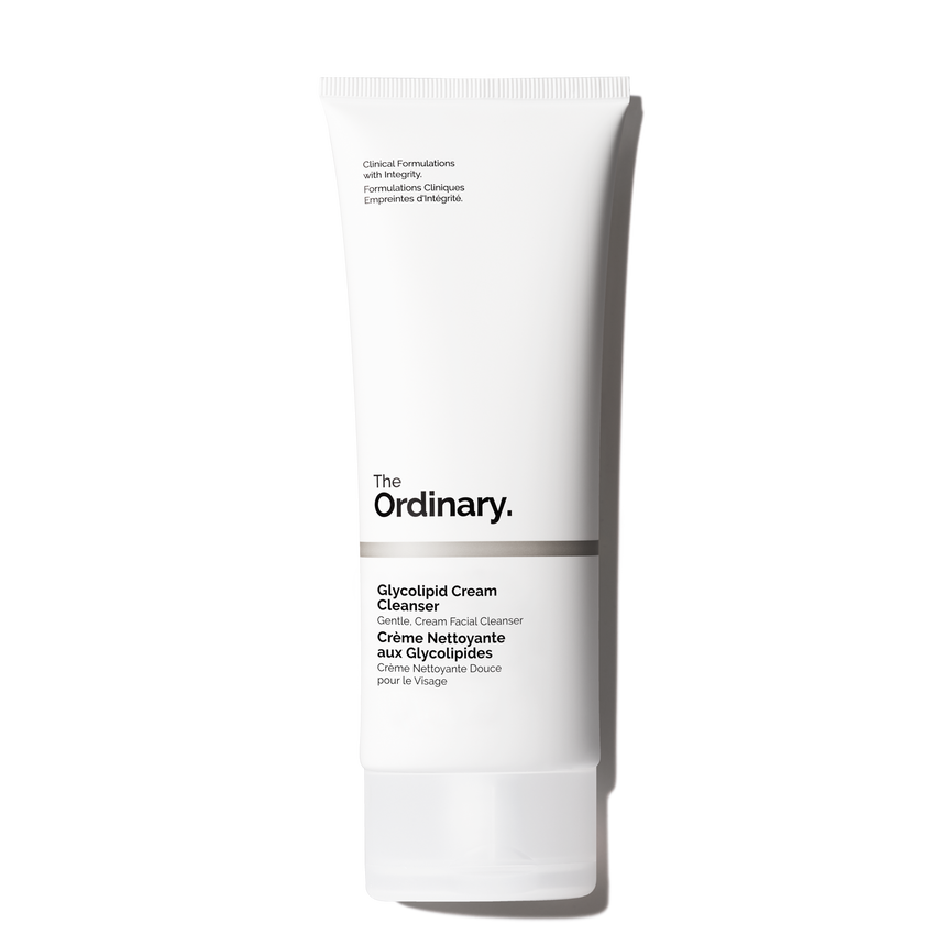 Wow! That Is some extraordinarily Cleansed Skin | The Ordinary Glycolipid Cream Cleanser A tall tapered conical bright white plastic tube with a translucent bright white plastic lid that has The Ordinary Glycolipid Cream Cleanser written in bold black writing on it, on a white background.