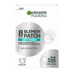 A medium rectangular bright white cardboard box that has Garnier Pure Active 8H Blemish Patch written in bold black writing and Invisible written in bright white writing inside a bright turquoise rectangle and a picture of a small circular light beige blemish patch on it, on a white background.