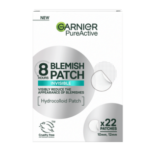 A medium rectangular bright white cardboard box that has Garnier Pure Active 8H Blemish Patch written in bold black writing and Invisible written in bright white writing inside a bright turquoise rectangle and a picture of a small circular light beige blemish patch on it, on a white background.