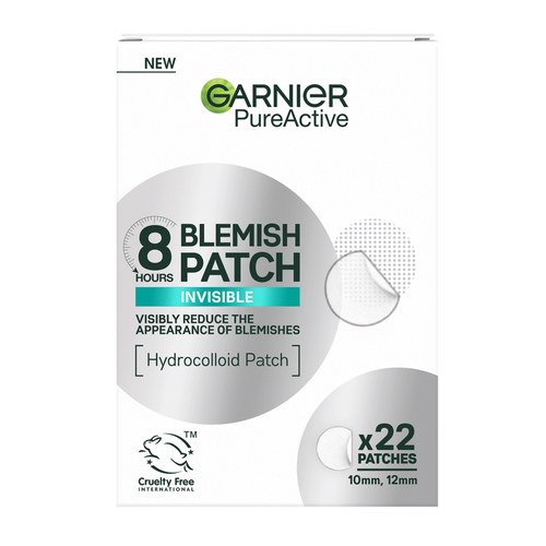 A medium rectangular bright white cardboard box that has Garnier Pure Active 8H Blemish Patch written in bold black writing and Invisible written in bright white writing inside a bright turquoise rectangle and a picture of a small circular light beige blemish patch on it, on a white background.