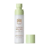 A Mischievous Pixie Has Blessed Me With Hydrated Skin | Pixi Hydrating Milky Mist A tall cylindrical frosted white plastic bottle full of some clear liquid with a bright green plastic lid that has Pixi Hydrating Milky Mist written in bold dark brown writing on it, on a white background.