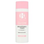 B! Is For Brightening! | B. Brightening Toner A tall cylindrical bright white plastic bottle with a bright pink plastic lid and a gradient bright pink and white label that has B. written in bright white writing, Brightening Toner written in bold black writing, and a picture of a bright pink stripe on it, on a white background.