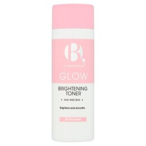 A tall cylindrical bright white plastic bottle with a bright pink plastic lid and a gradient bright pink and white label that has B. written in bright white writing, Brightening Toner written in bold black writing, and a picture of a bright pink stripe on it, on a white background.