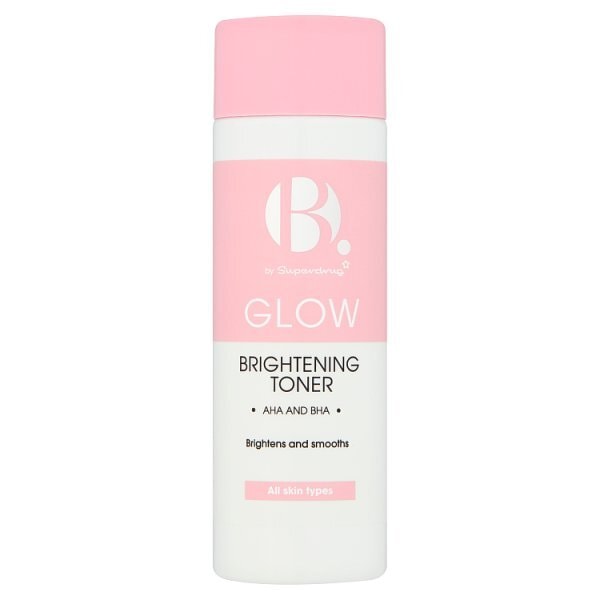 A tall cylindrical bright white plastic bottle with a bright pink plastic lid and a gradient bright pink and white label that has B. written in bright white writing, Brightening Toner written in bold black writing, and a picture of a bright pink stripe on it, on a white background.