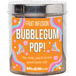 Tea Tastes Terrific | Bird & Blend Tea Company Bubblegum Pop Loose Leaf Tea A tall cylindrical bright silver metal tin with a bright silver metal lid and a bright orange label that has Bubblegum Pop loose Leaf Tea written in bright white writing and some pictures of two retro bright blue roller skates, some bright pink bubbles, some sparkles, and some Pastel Blue, Pink and White wavy stripes on it, on a white background.