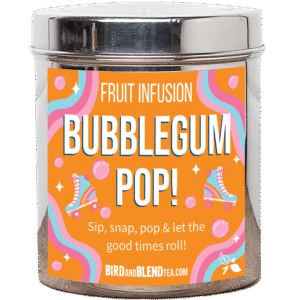 A tall cylindrical bright silver metal tin with a bright silver metal lid and a bright orange label that has Bubblegum Pop loose Leaf Tea written in bright white writing and some pictures of two retro bright blue roller skates, some bright pink bubbles, some sparkles, and some Pastel Blue, Pink and White wavy stripes on it, on a white background.