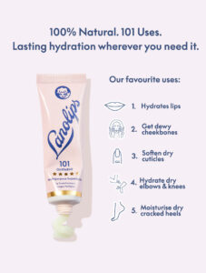 A short conical Pale Pink plastic tube with a metallic white lid that has Lanolips 101 Ointment written in dark blue writing on it, on a pale pink background.