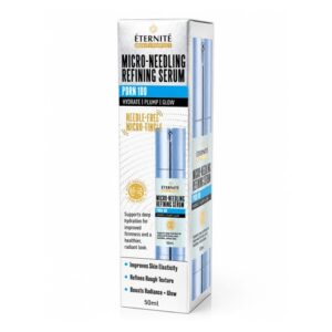 A tall rectangular light beige cardboard box that has Éternité Micro-Needling Refining Serum written in bold black writing, PDRN 100 written in bright blue writing, and a picture of a tall cylindrical light blue plastic Bottle on it, on a white background.