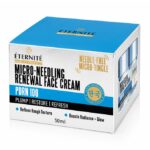 You Might Not Feel A Little Prick! | Éternité PDRN 100 Micro-Needling Range A short rectangular creamy white cardboard box that has Éternité Micro-Needling Renewal Face Cream written in bold black writing, PDRN 100 written in bright white writing inside a bright blue rectangle, and a picture of a short cylindrical light blue plastic Tub on it, on a white background.