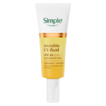 Sometimes The Simplest Of Products Is Better At Protecting Your Skin | Simple Invisible UV Fluid SPF 50 A tall tapered cylindrical bright white plastic tube with a bright white plastic lid and a label that is bright white at the top, bright orange in the middle, and bright yellow at the bottom that has Simple written in bright green writing, and Invisible UV Fluid SPF 50 written in dark brown writing on it, on a white background.