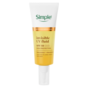 A tall tapered cylindrical bright white plastic tube with a bright white plastic lid and a label that is bright white at the top, bright orange in the middle, and bright yellow at the bottom that has Simple written in bright green writing, and Invisible UV Fluid SPF 50 written in dark brown writing on it, on a white background.