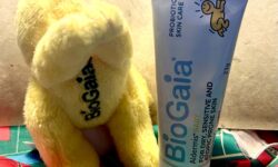 A short slightly tapered light blue plastic tube with a bright white Plastic lid that has BioGaia written in dark blue writing and a picture of a bright yellow baby on it next to a small bright yellow Flying baby shaped plushie with some bright yellow Arms, some bright yellow legs and a bright yellow cape that has BioGaia written in bold black writing on it on top of a piece of bright teal green fabric that has some abstract bright red stylised letters all over it, on a light wooden table.