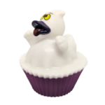 The Ducks In Yorkshire Are Absolutely Quackers For Halloween | The Yorkshire Soap Company Halloween 2026 Range A large circular bright white cupcake shaped block of soap that has a dark purple paper cupcake case around it and a bright white Rubber Duck with a dark purple beak, some large yellow eyes,, and a dark purple tongue sat on top of it, on a white background.