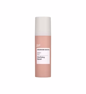 A short cylindrical Peach Pink Plastic Bottle with a matte cream Plastic Lid and a bright white label that has Boots Ingredients Clarifying Azelaic Acid Serum written in bold black writing on it, on a white background.