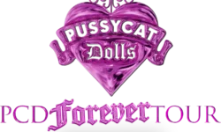 A bright white poster that has a large shiny metallic bright pink heart with some ornate swirls at the top of it and Pussycat Dolls written in bright white stylised writing inside it, PCD Forever Tour written in gradient bright pink and white writing, and Celebrating 20 years written in silver capital letters on it.