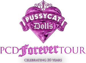 A bright white poster that has a large shiny metallic bright pink heart with some ornate swirls at the top of it and Pussycat Dolls written in bright white stylised writing inside it, PCD Forever Tour written in gradient bright pink and white writing, and Celebrating 20 years written in silver capital letters on it.