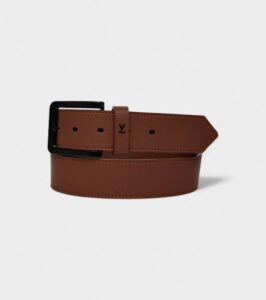 A long and thin brown leather belt with a large rectangular black Metal Buckle that has some neat stitching along the edges, some small adjustment holes, and Votch engraved on it, on a white background.