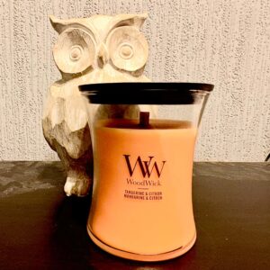 A short hourglass shaped clear glass jar full of some creamy orange wax and a light wooden wick with a black wooden lid and a white label that has WoodWick Candles Tangerine Citron written in bold black writing on it in front of a large light wooden Owl Ornament on a dark wooden cabinet.